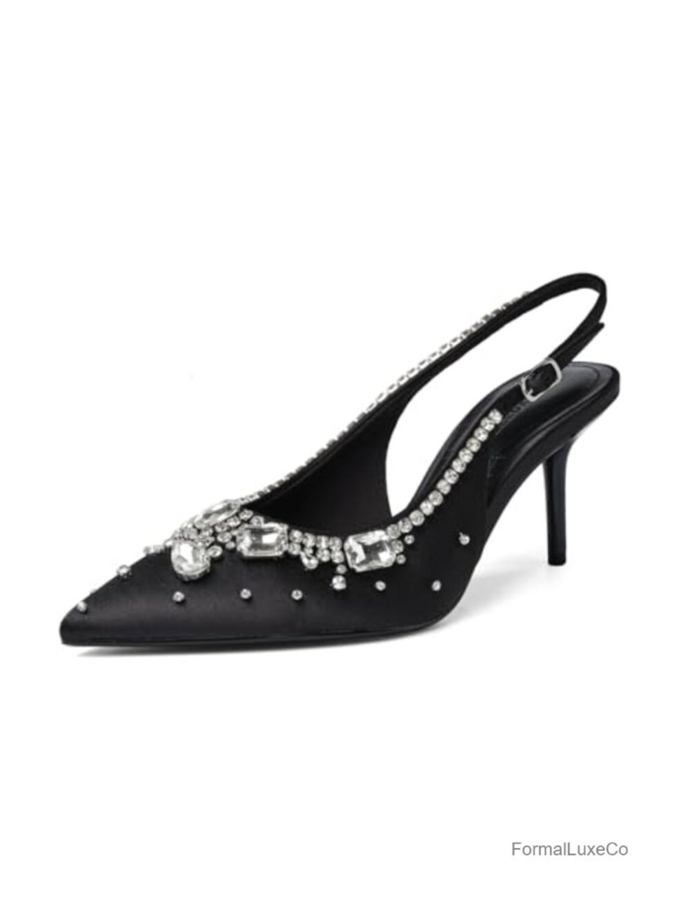 Satin Slingback Kitten Heels Pointed Toe Rhinestone Wedding Pumps
